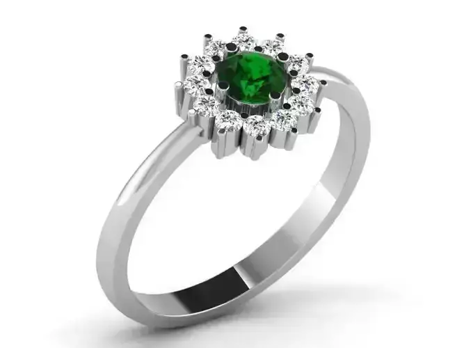 Flower Shape Thin Halo Ring with Emerald