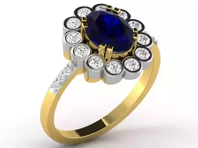 Oval Shaped Halo Multimetal Ring With Sapphire