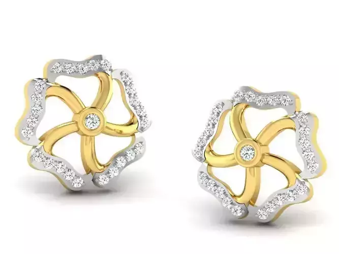 Flower Shaped Golden Ear Studs With Diamonds 4