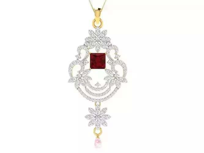 Floral Design Diamond Pendant With Ruby