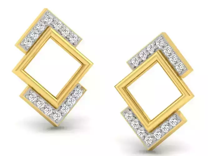 Square Shaped Golden Earrings With Diamonds