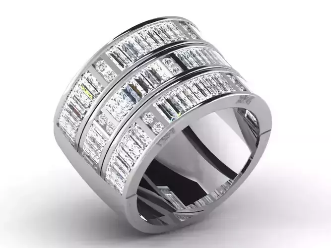 Wide Band Silver Ring with Diamonds