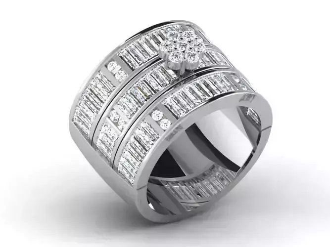 Wide Band Silver Ring with Diamonds 1