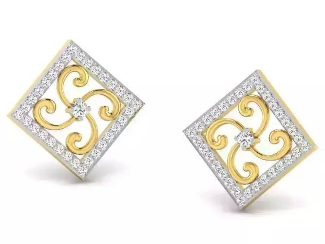 Square Shape Golden Ear Studs With Diamonds