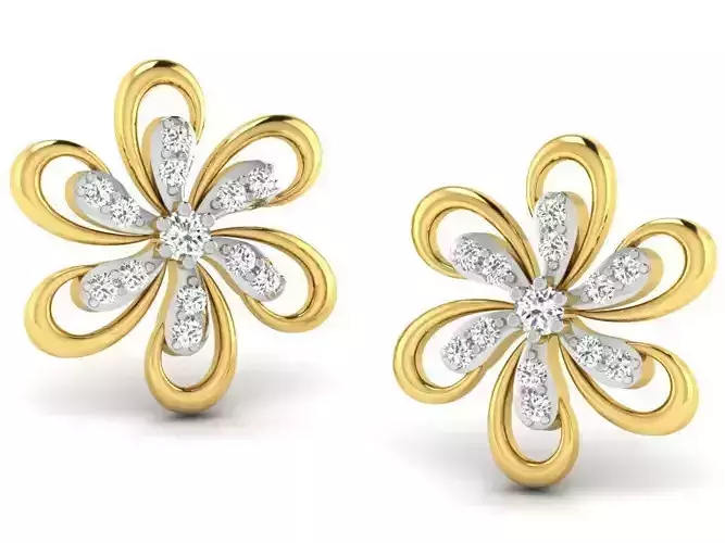 Flower Shaped Golden Ear Studs With Diamonds 10