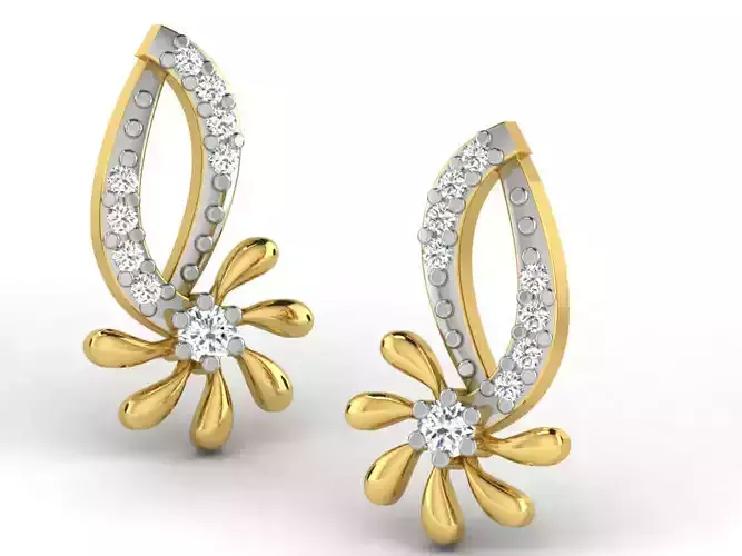 Floral Shape Golden Earrings With Diamonds