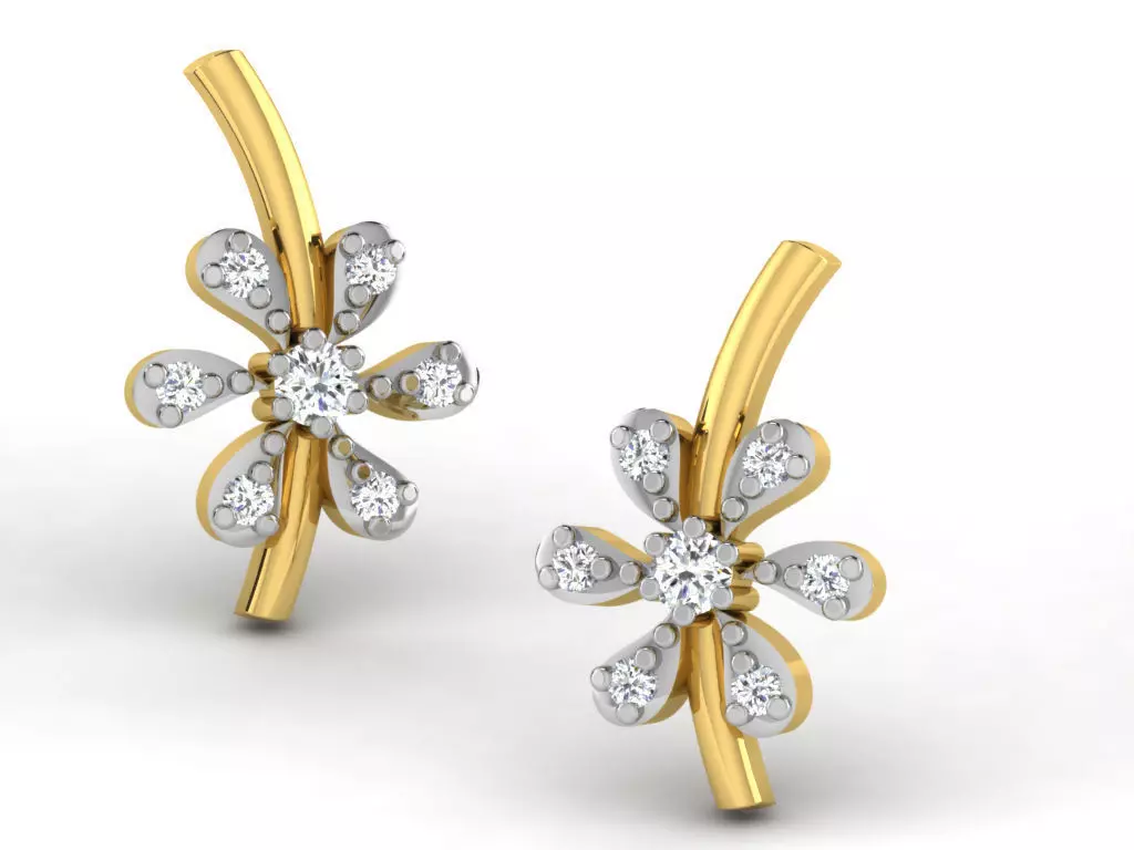 Flower Shape Golden Earrings With Diamonds 2 3D print model_0