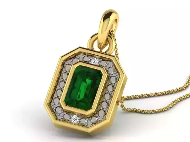 Octagon Shaped Golden Pendant With Emerald