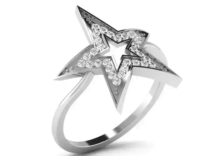Star Shaped Thin Silver Ring With Diamonds