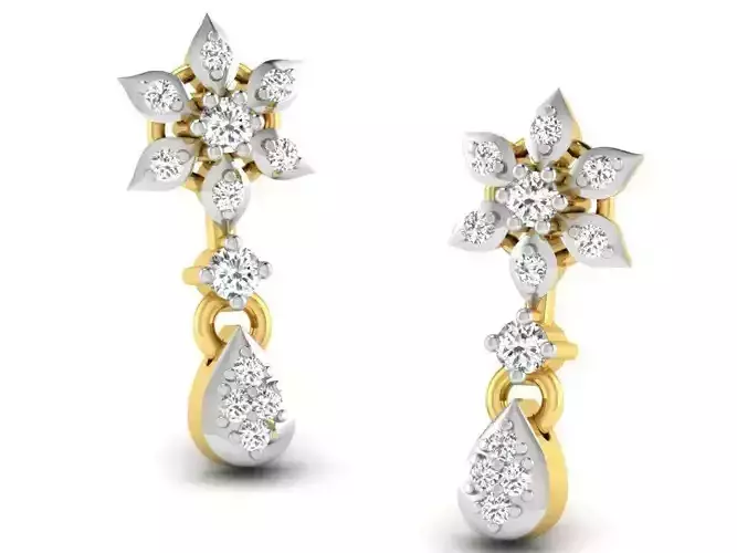 Flower Shape Golden Drop Earrings With Diamonds 3