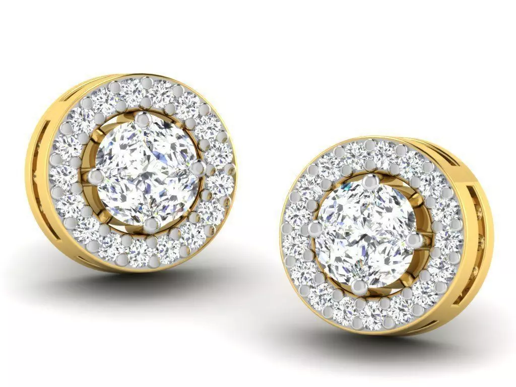 Round Shape Golden Ear Studs With Diamonds 3D print model_0