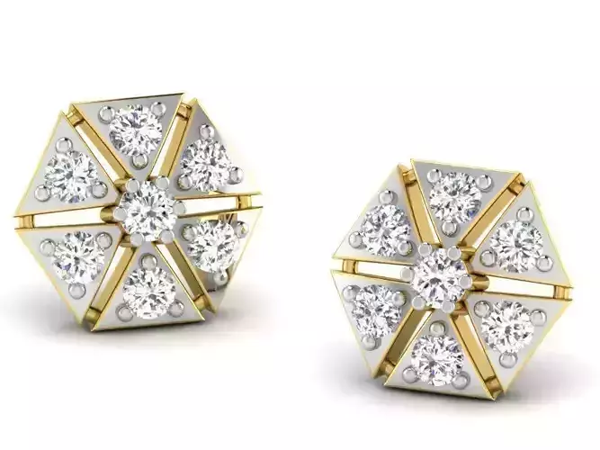 Hexagon Shaped Golden Ear Studs With Diamonds