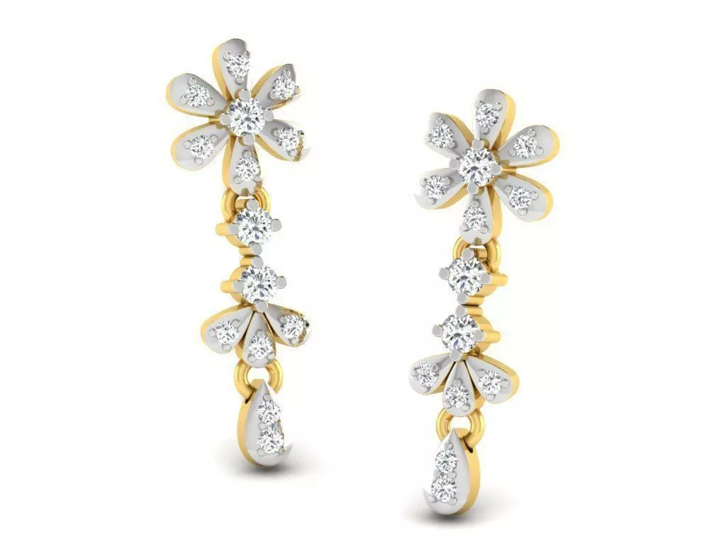 Flower Shaped Golden Drop Earrings With Diamonds 3 3D print model_0