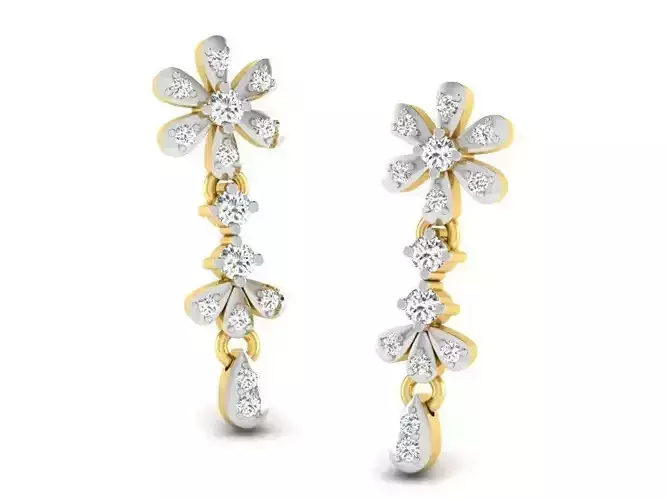Flower Shaped Golden Drop Earrings With Diamonds 3