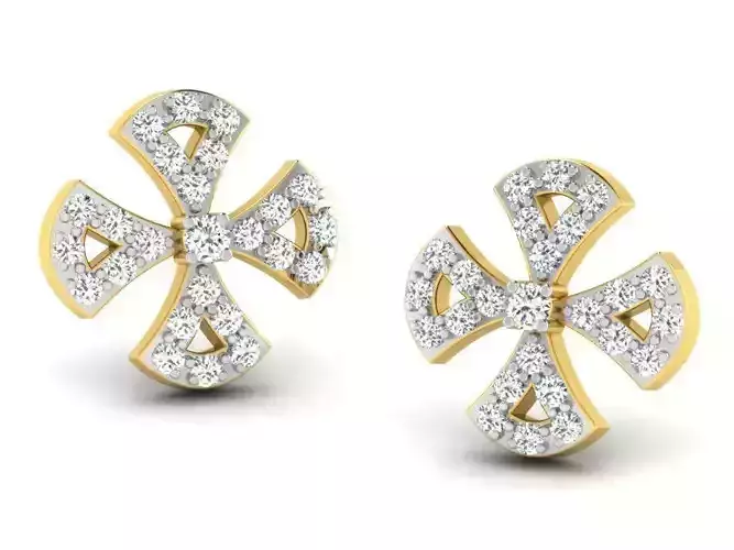 Cross Shaped Golden Ear Studs With Diamonds