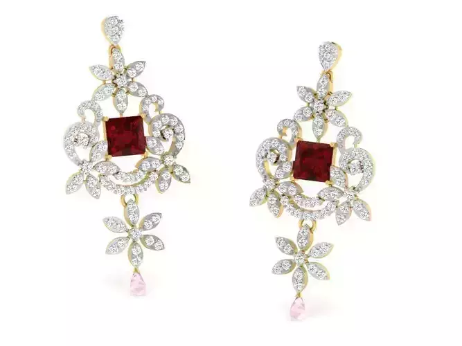 Floral Design Drop Earrings With Ruby 1