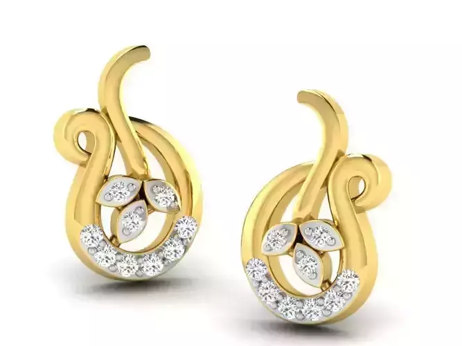 Mango Shaped Golden Earrings With Diamonds