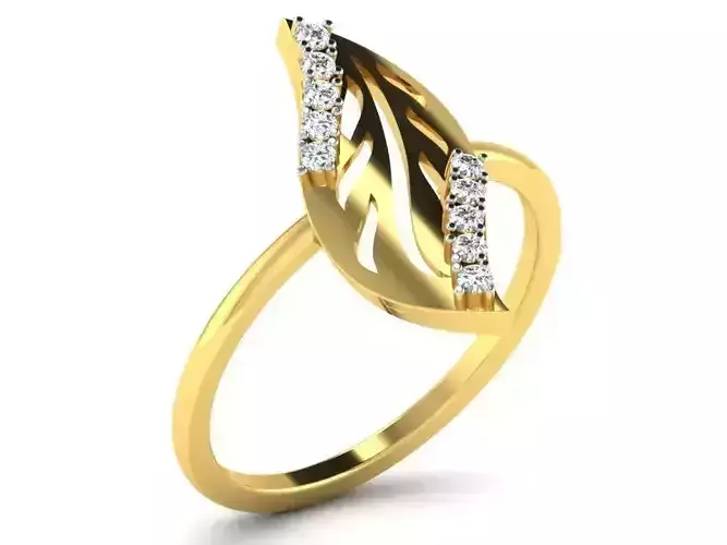 Leaf Shaped Golden Thin Ring With Diamonds 2
