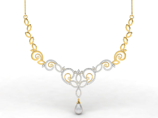 Floral Design Gold Necklace With Pearl 3D print model
