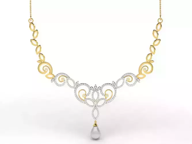 Floral Design Gold Necklace With Pearl