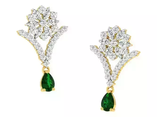 Flower Shaped Drop Earrings With Emerald 1 3D print model