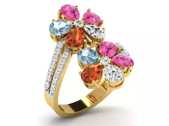 Flower Shaped Spiral Gold Ring With Gemstones