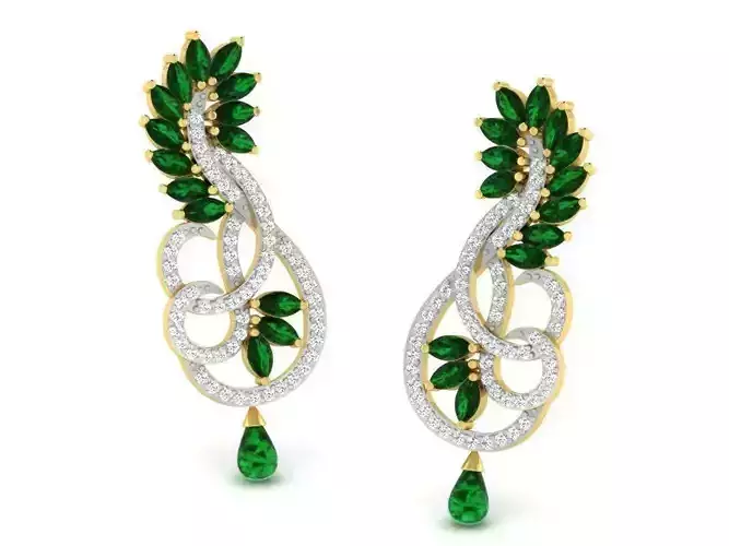 Floral Design Drop Earrings With Emerald