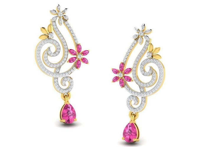 Floral Design Drop Earrings With Gem 3D print model