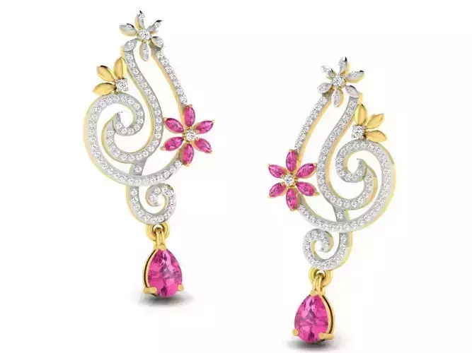 Floral Design Drop Earrings With Gem 3D print model