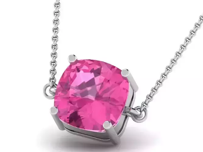 Silver Square Pendant With Pink Gem