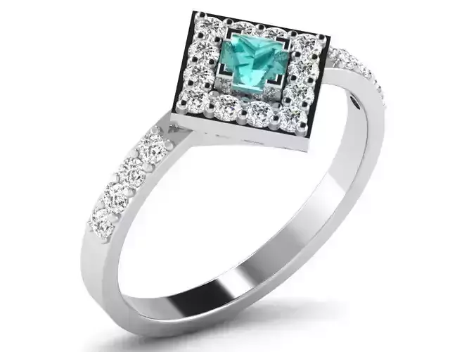 Square Silver Ring With Diamonds and Gem