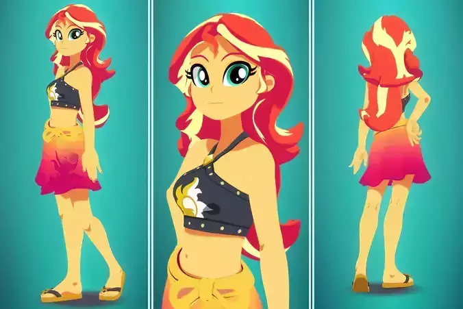 Shimmering cartoon girl in orange dress