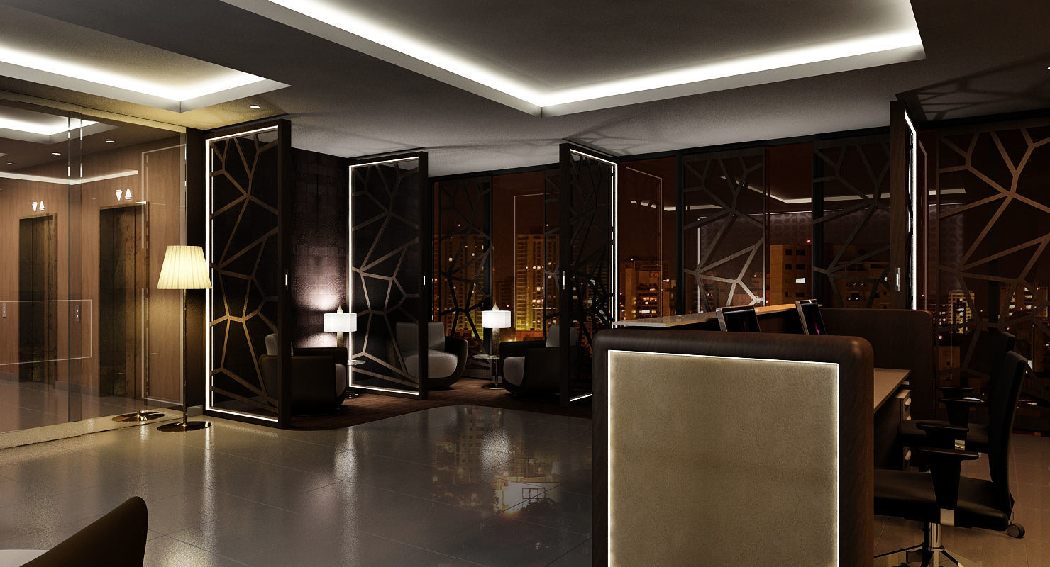 Classic Office Interior Night Scene 3D model_3