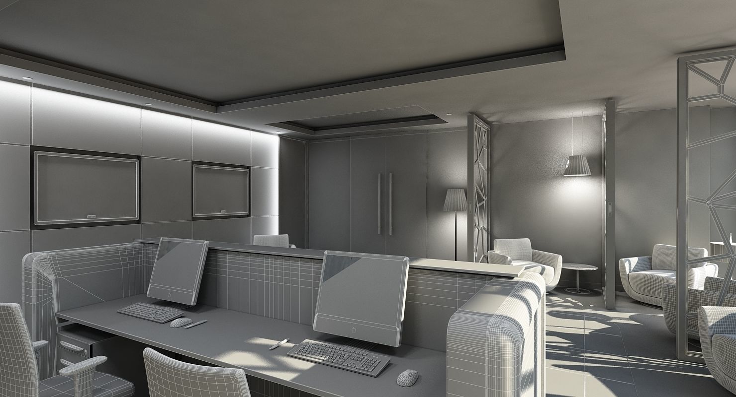 Classic Office Interior Night Scene 3D model_6