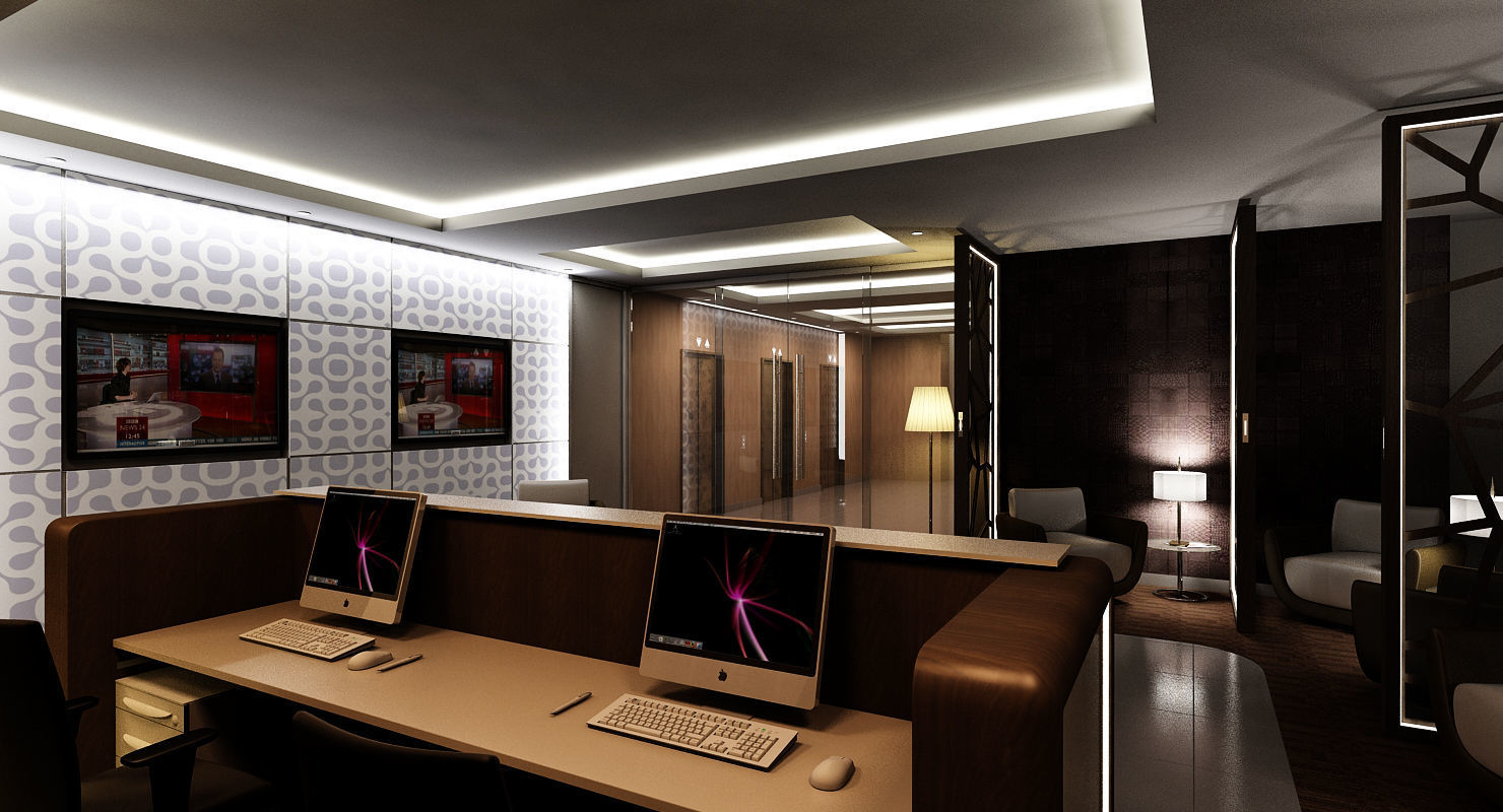 Classic Office Interior Night Scene 3D model_1