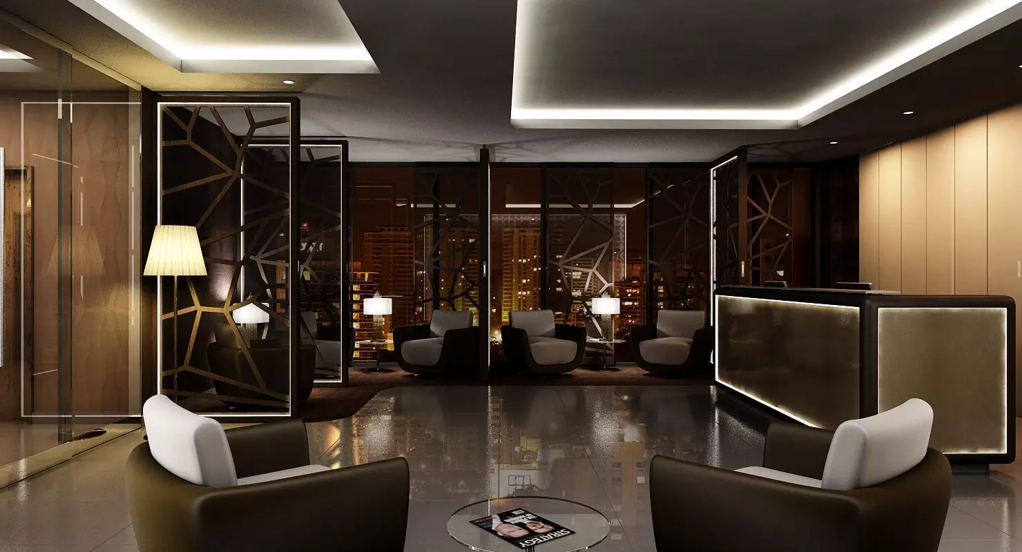 Classic Office Interior Night Scene 3D model_0