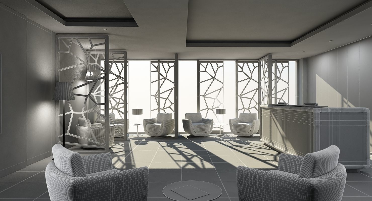 Classic Office Interior Night Scene 3D model_5