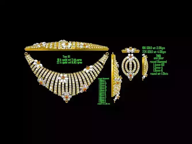 Floral Design Gold Jewellery Set With Diamonds 1 3D print model