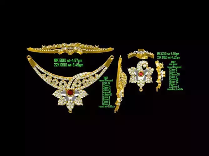 Floral Design Gold Jewellery Set With Diamonds 2 3D print model