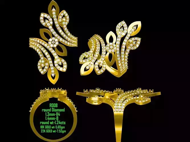 Spiral Leaf Design Gold Ring With Diamonds