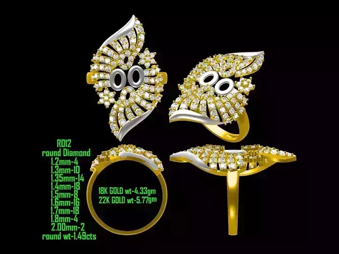 Large Leaf Design Gold Ring With Diamonds