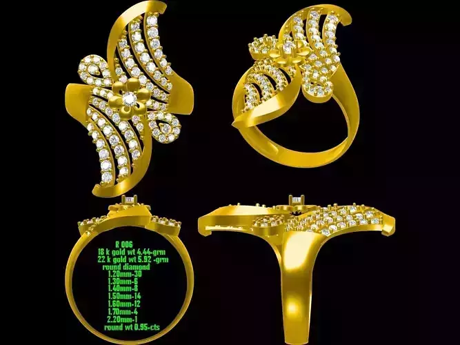 Spiral Floral Design Gold Ring With Diamonds