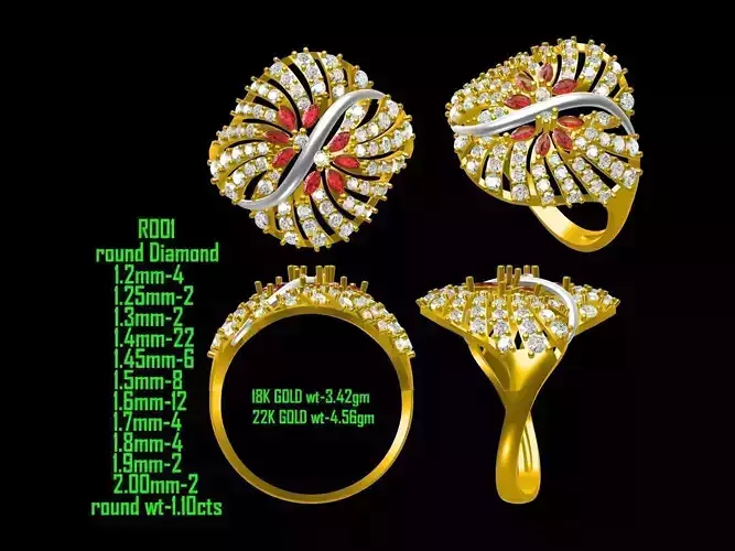 Square Floral Design Gold Ring With Diamonds