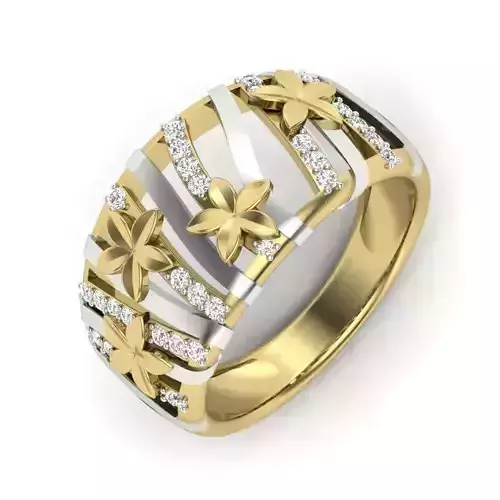 Wide Floral Design Ring With Diamonds