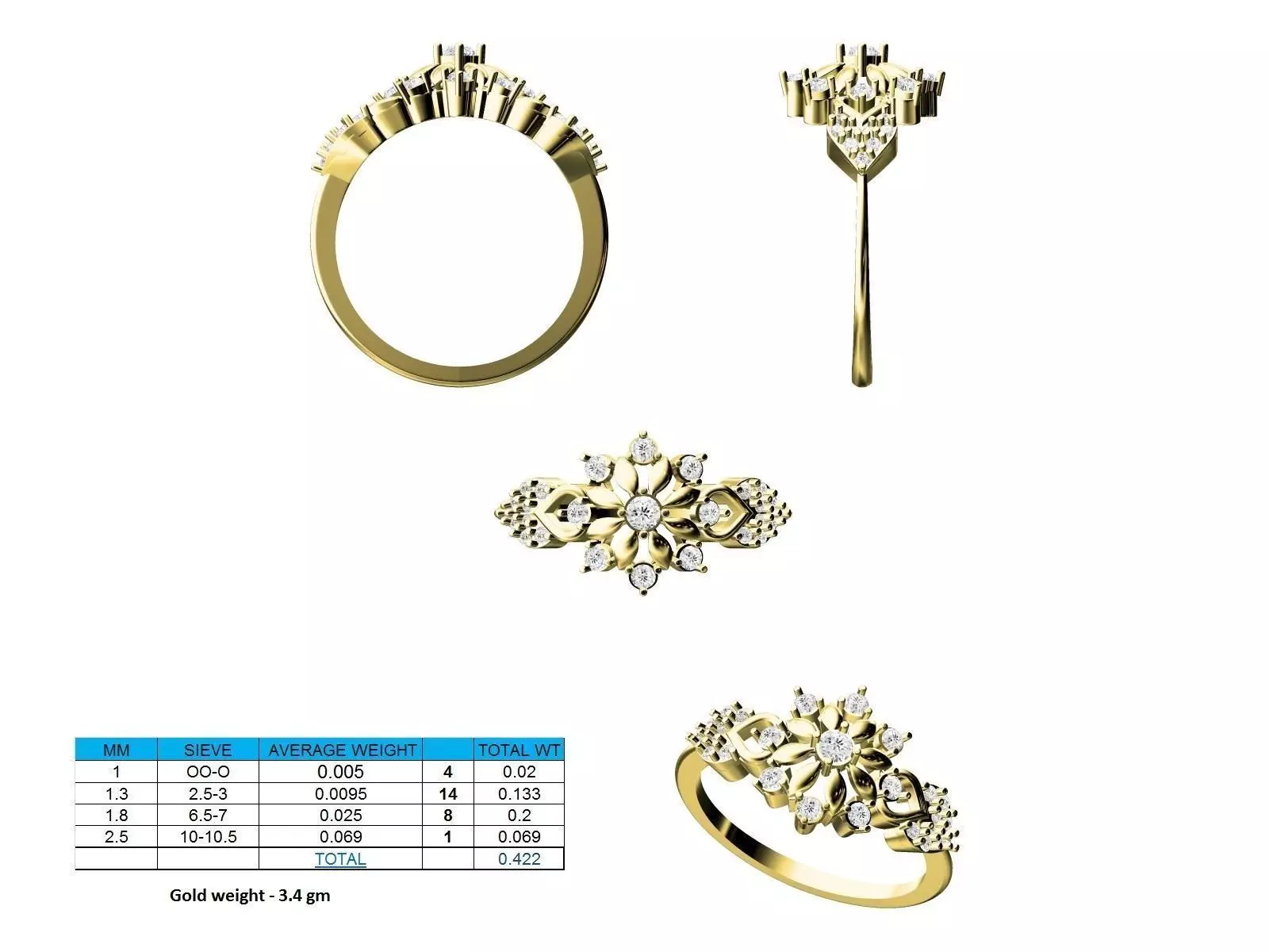Flower Shaped White Gold Ring With Diamonds 3D print model
