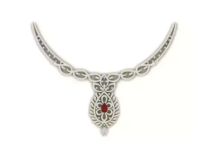 Drop Shape Floral Design Necklace With Gem