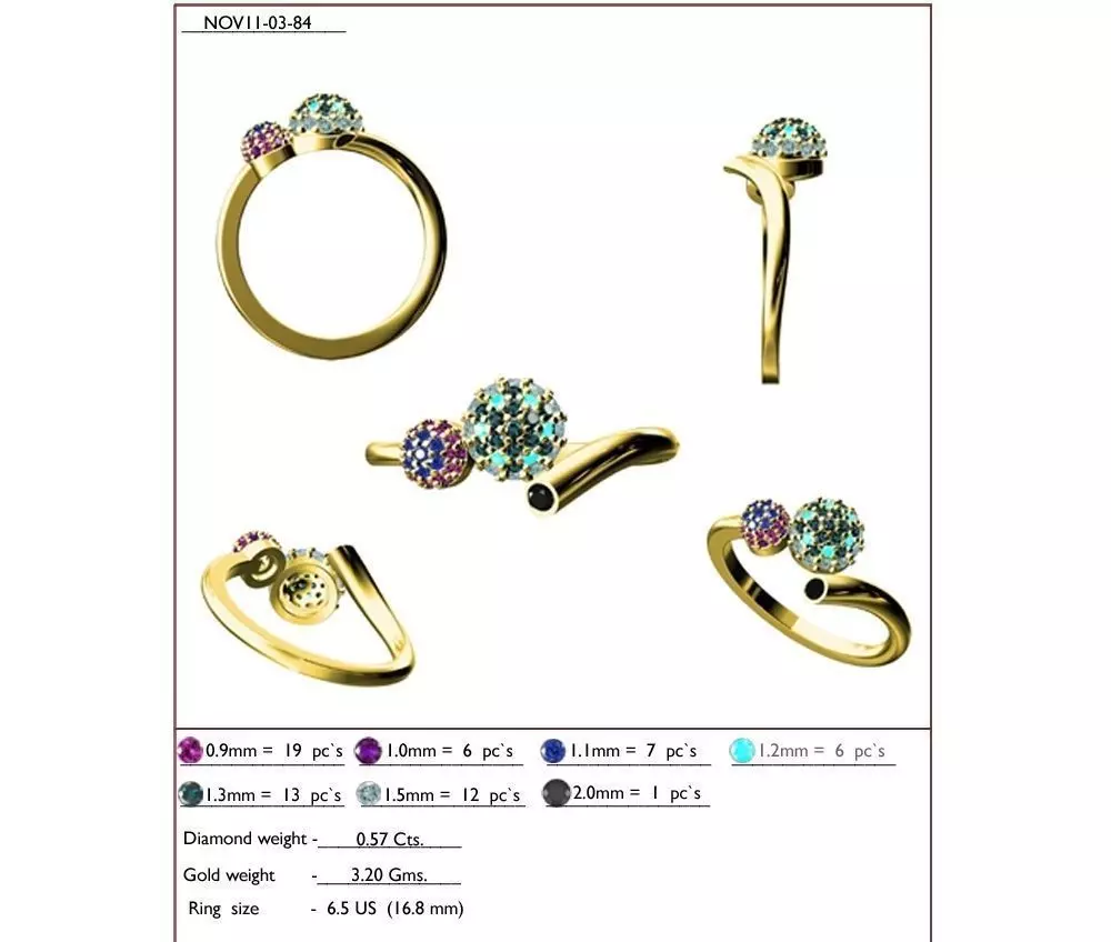 Gold Bent Ring With Multicolor Gemstones 3D print model