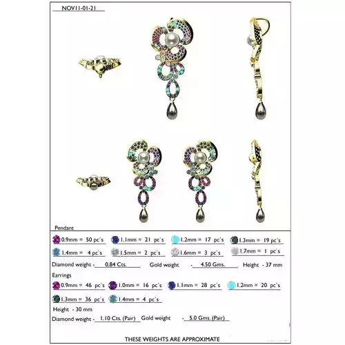 Flower Shape Pendant and Earrings With Gemstones 2 3D print model