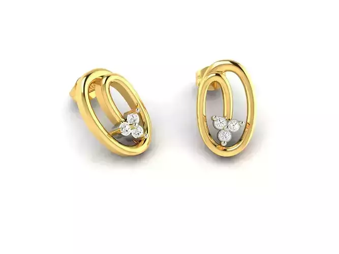 Oval Shaped Gold Ear Studs With Diamonds
