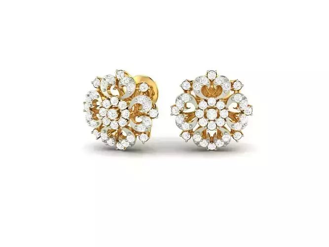 Flower Shaped Gold Ear Studs With Diamonds